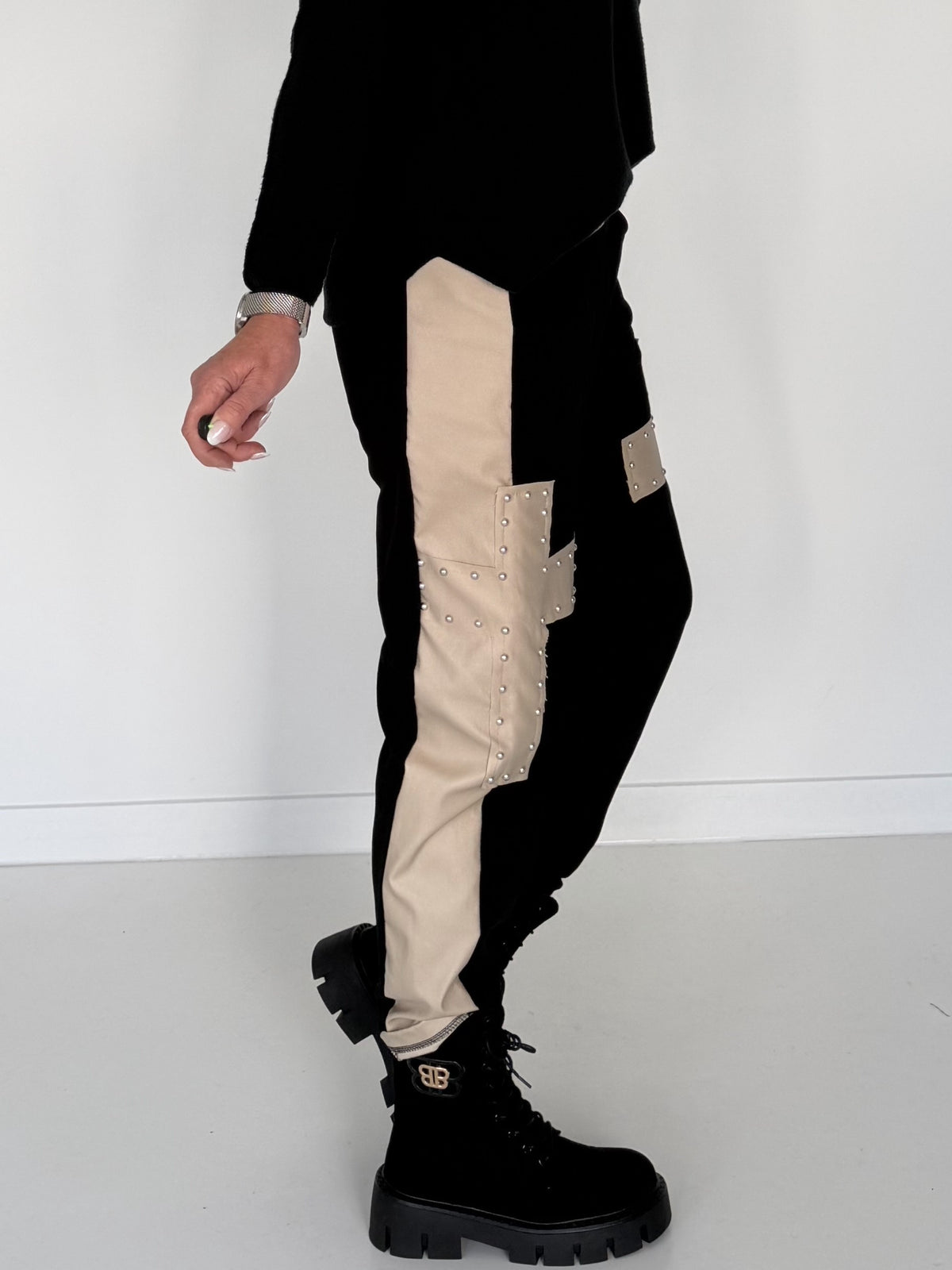 Sweathose im Materialmix - schwarz-beige