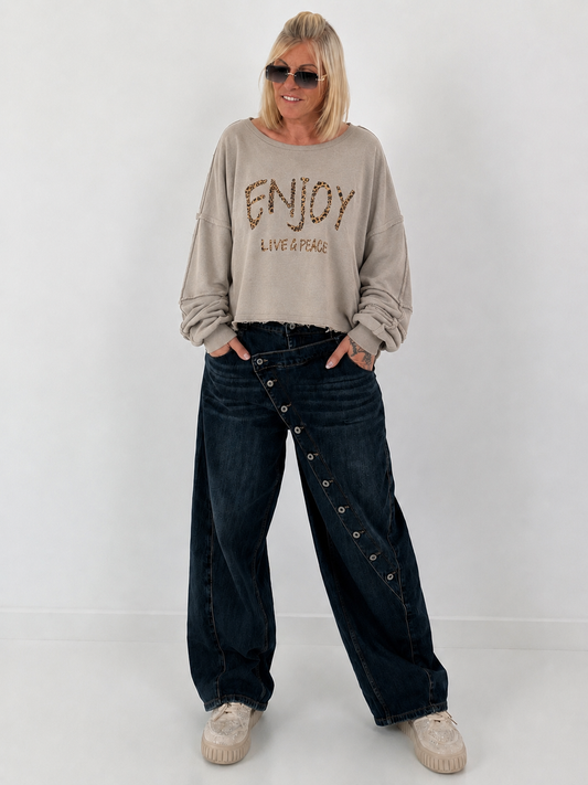 Trui met externe naden en print - taupe