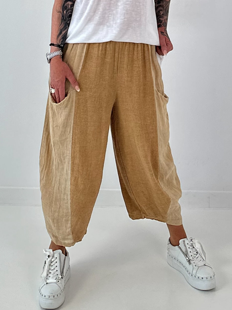 Balloon Linen Trousers with Fringe Details - taupe