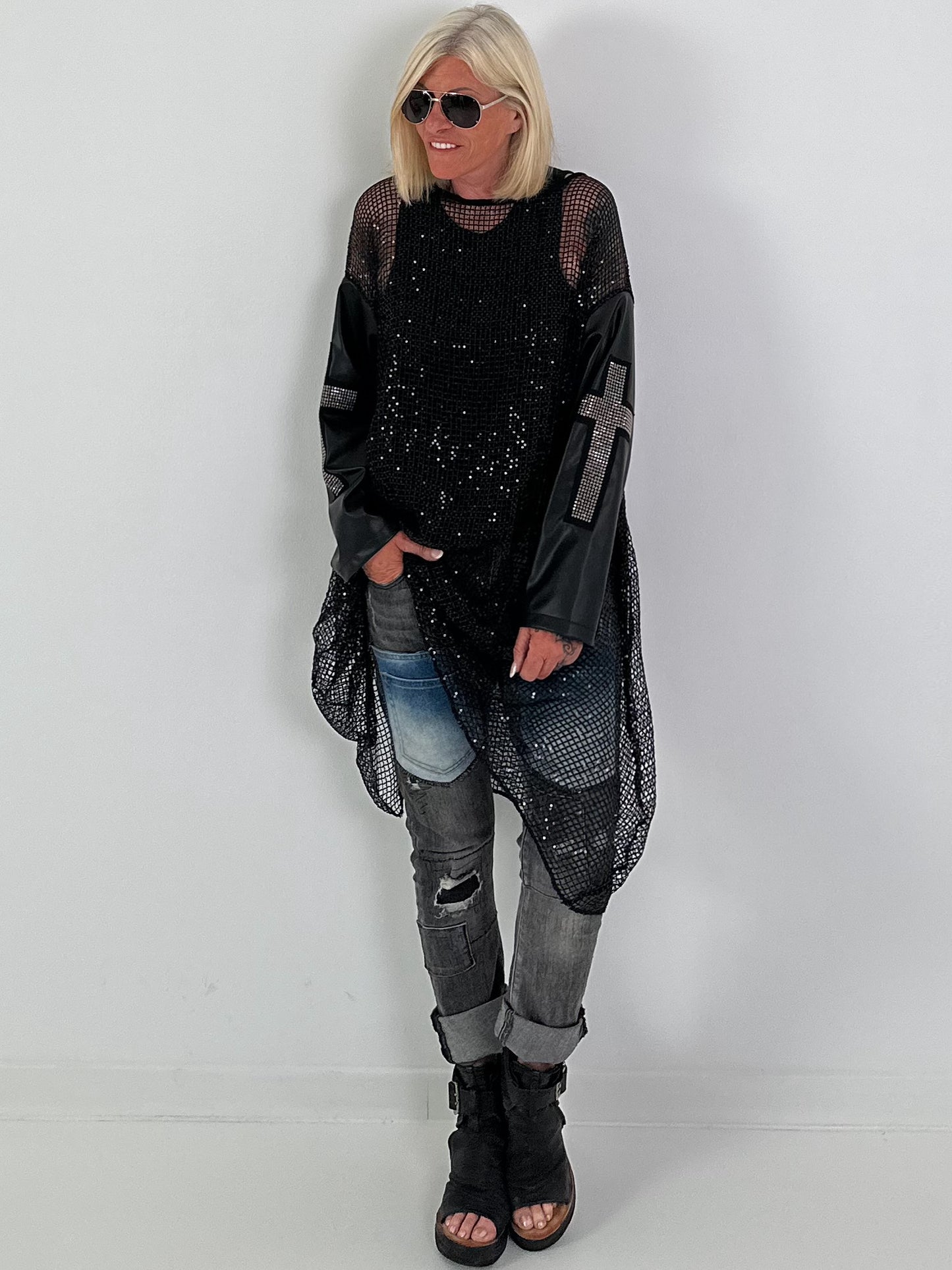 Stylish Long Mesh Shirt with Cross Details - black