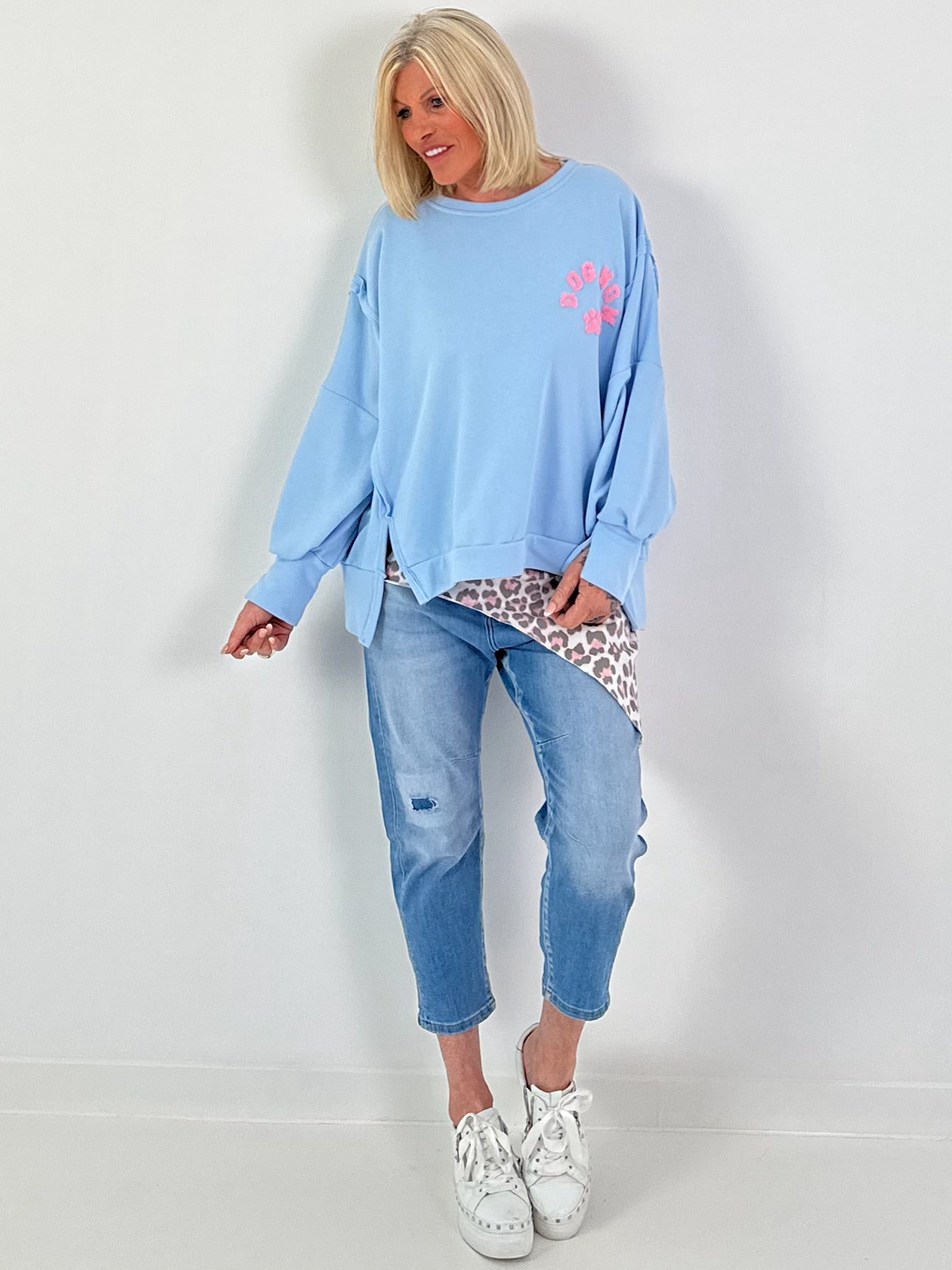 Oversized Sweater Dog Mom - Light Blue