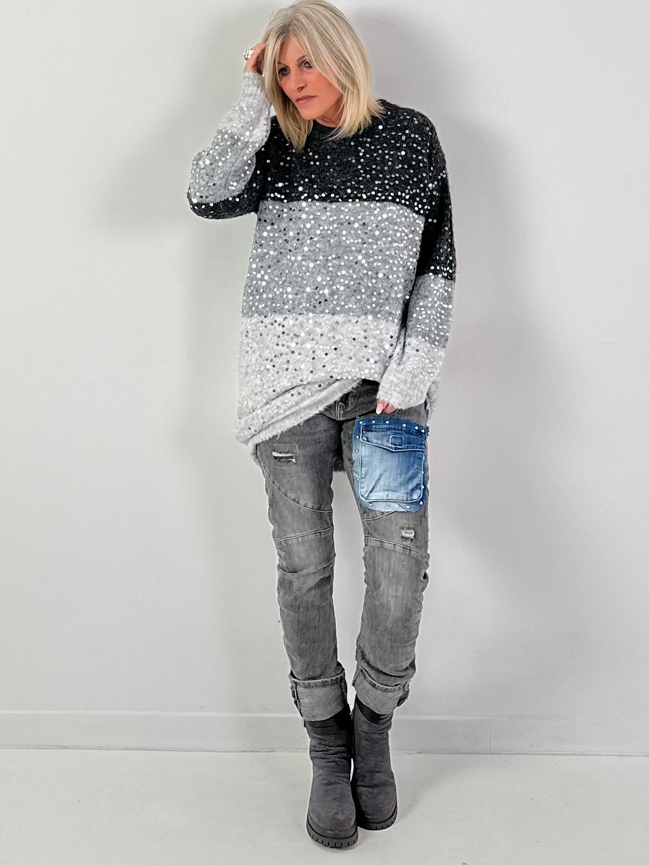 Long pullover model "Block Spark" - grey-multicoloured