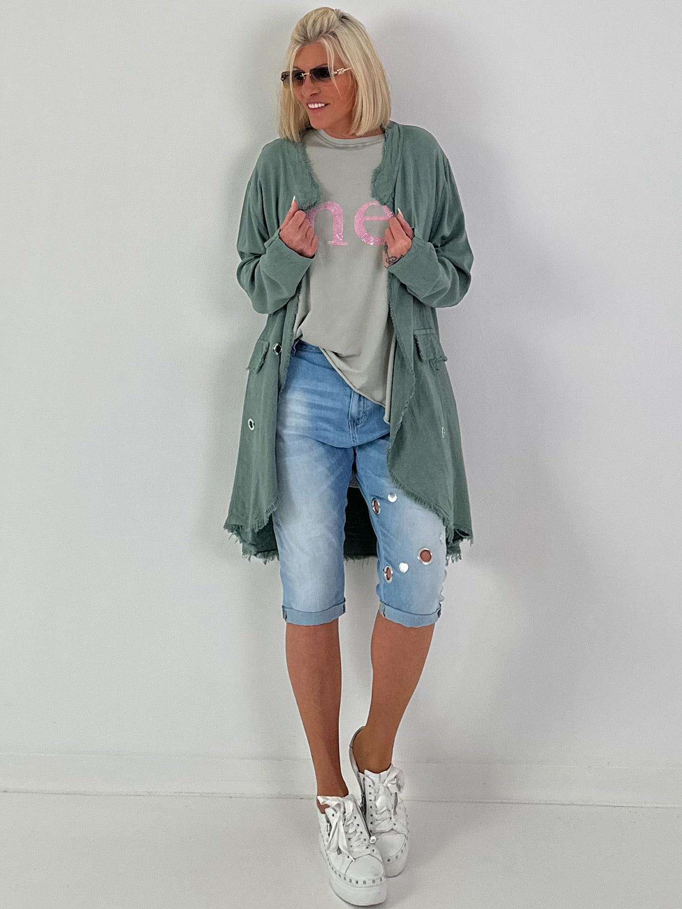 Linen Short Coat with Eyelets - Khaki