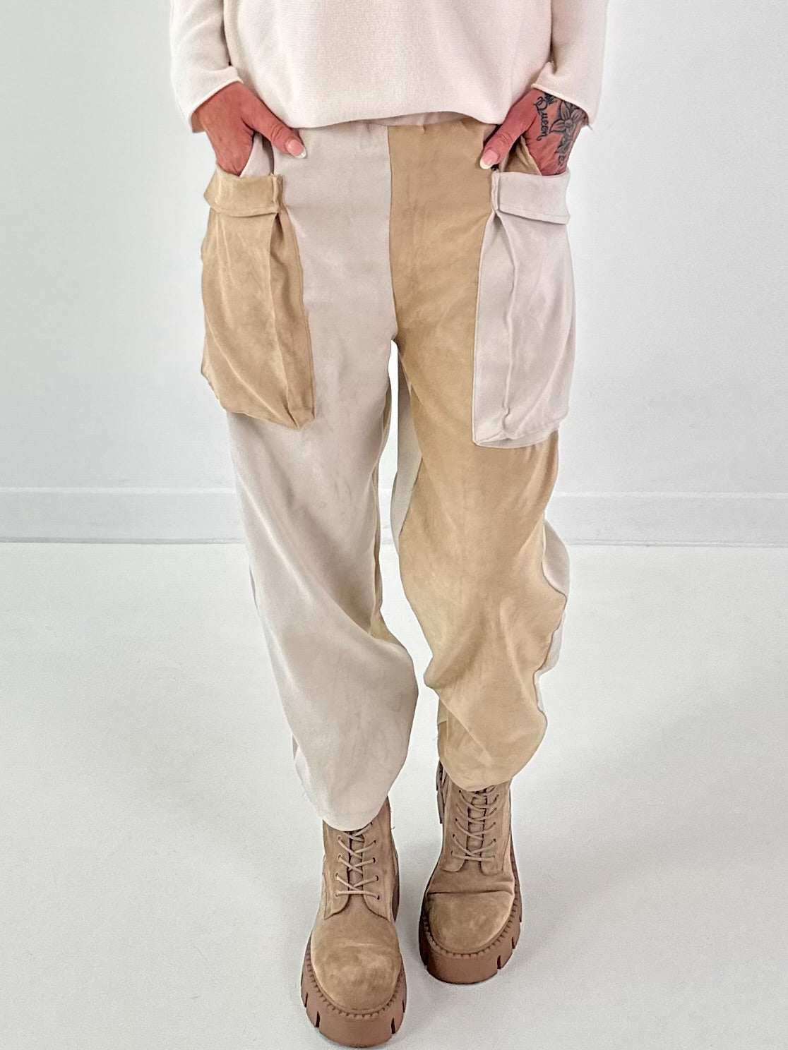 Suede-look trousers, model "Dual Harmony" - ecru-beige