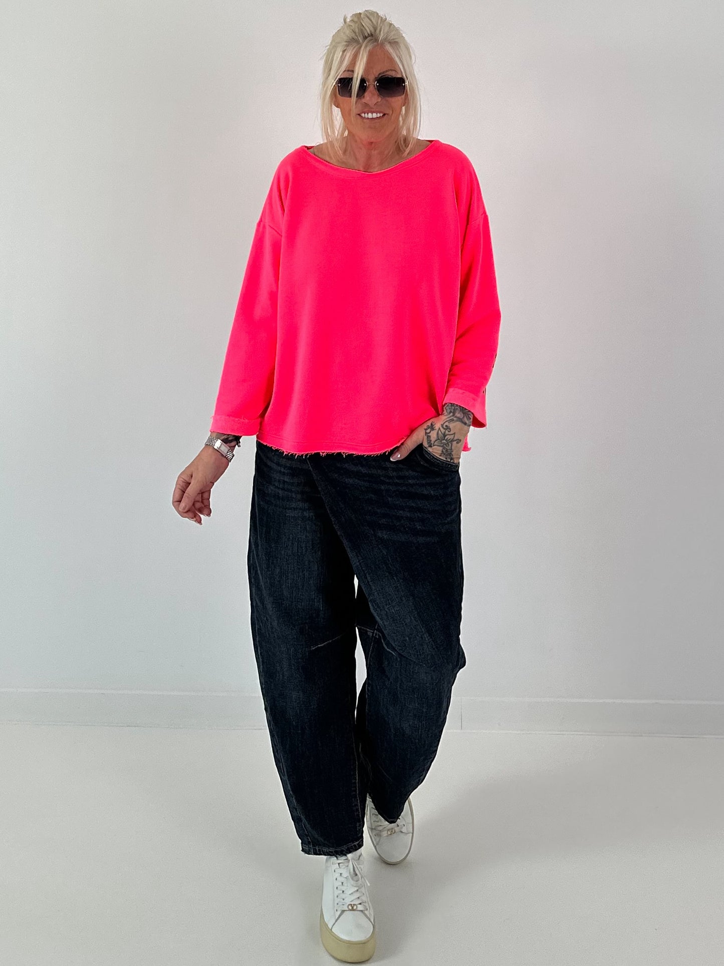Sweatshirt SWEET mit Leo-Print - neonpink