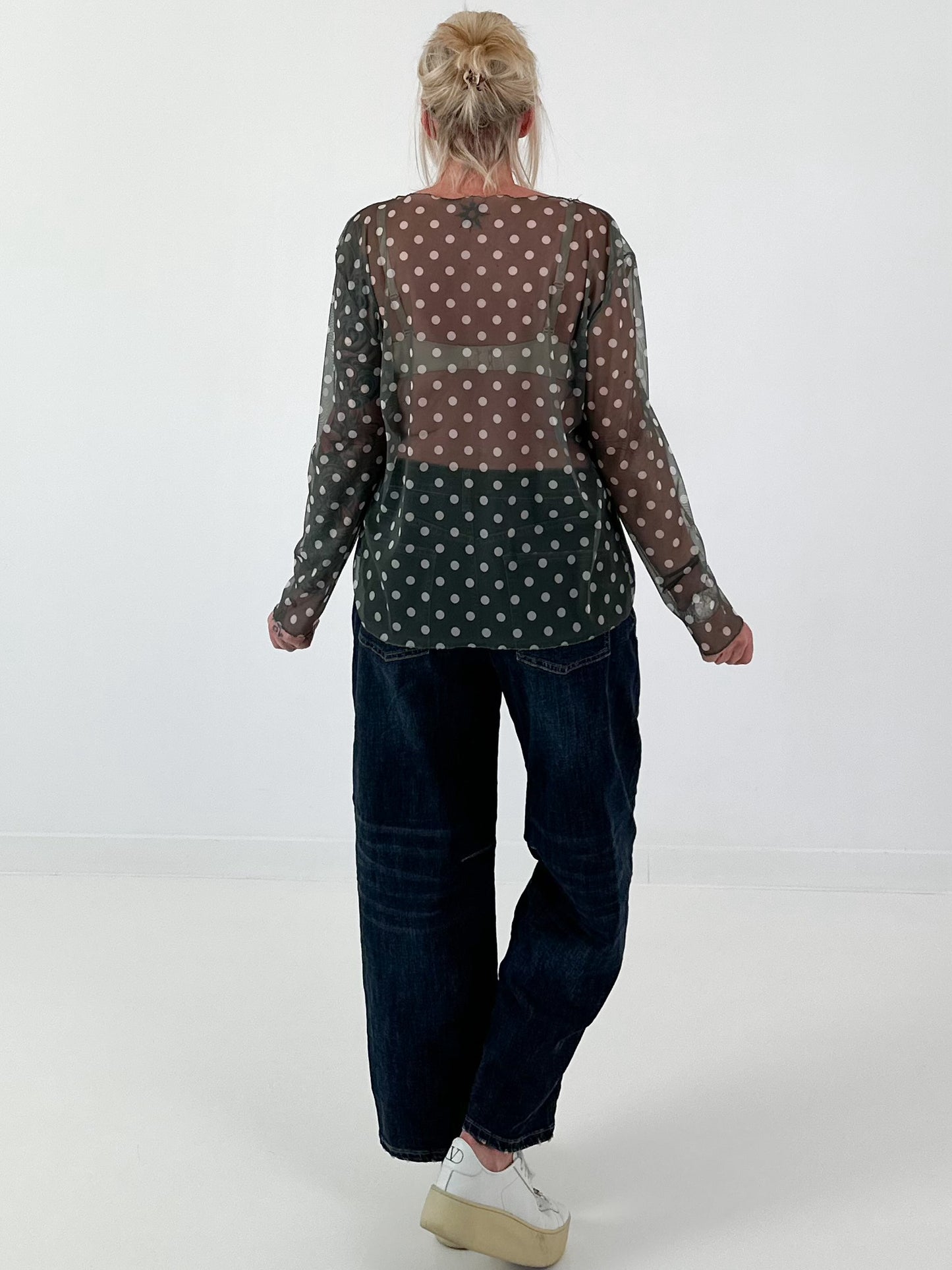 Mesh Shirt mit Punkten - oliv