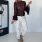 Mesh Shirt mit Punkten und Volantärmeln - burgundi