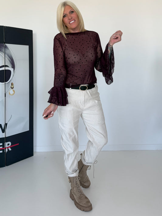 Mesh shirt with dots and ruffle sleeves - burgundy