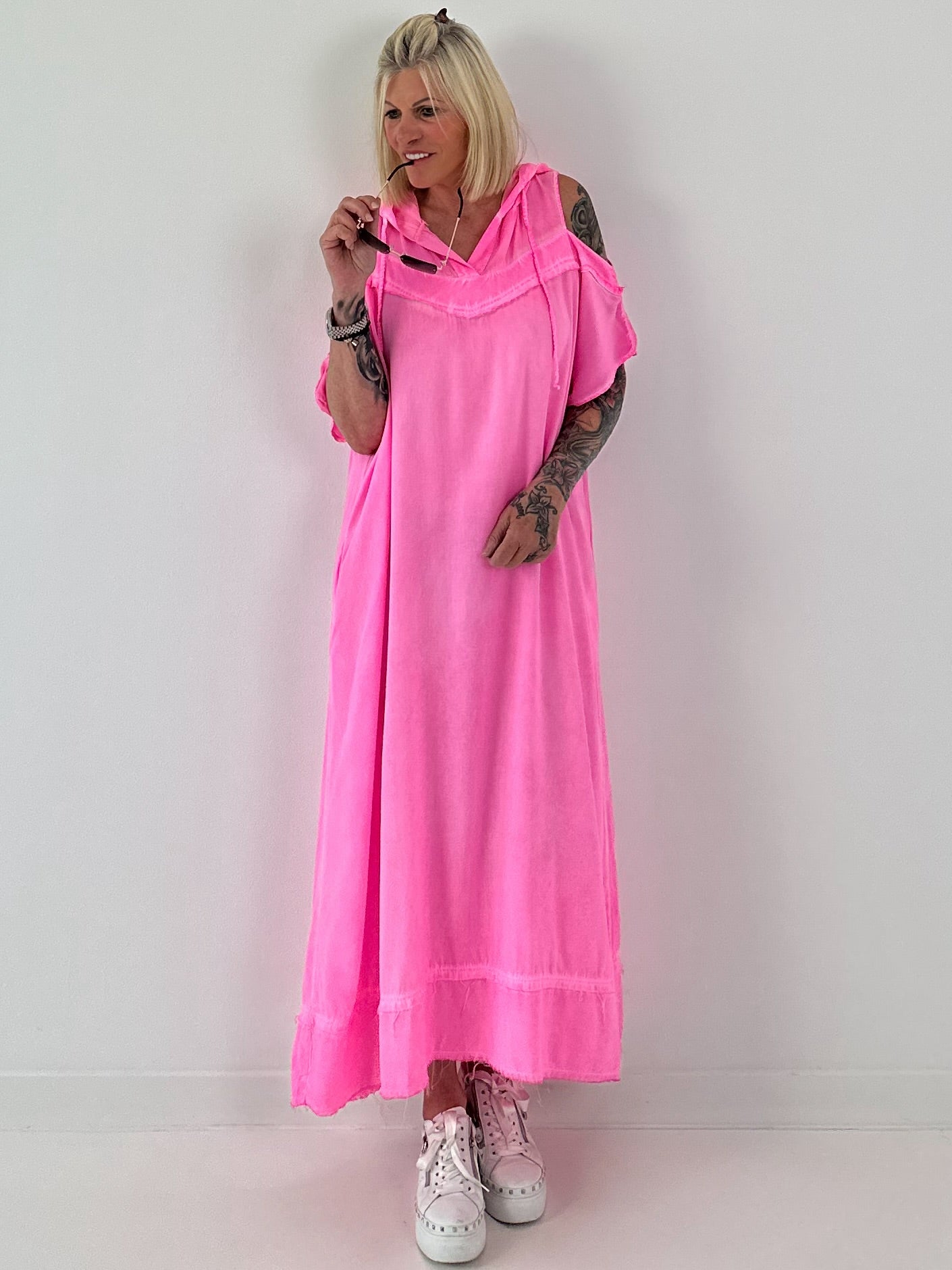 Neon pink cold shoulder hoodie dress