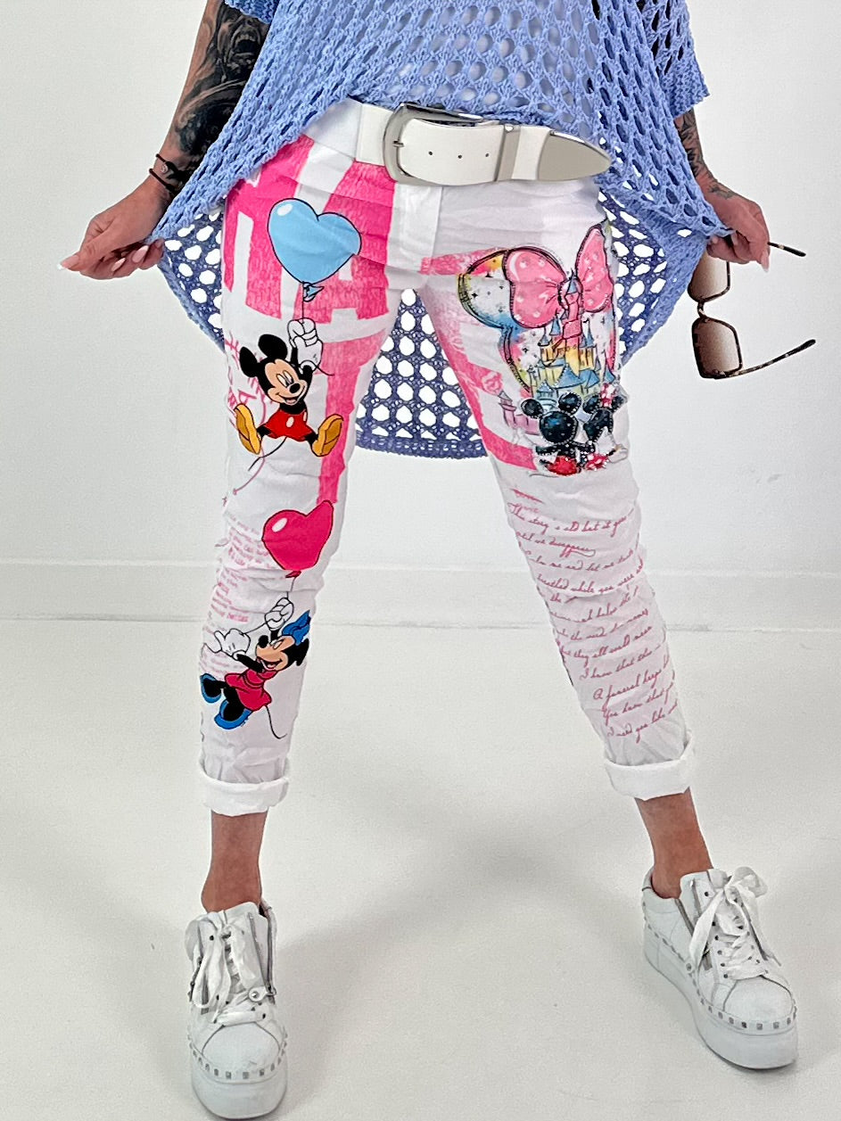 Hose mit Print-Mix und Comicmotiven - weiss-pink-mehrfarbig