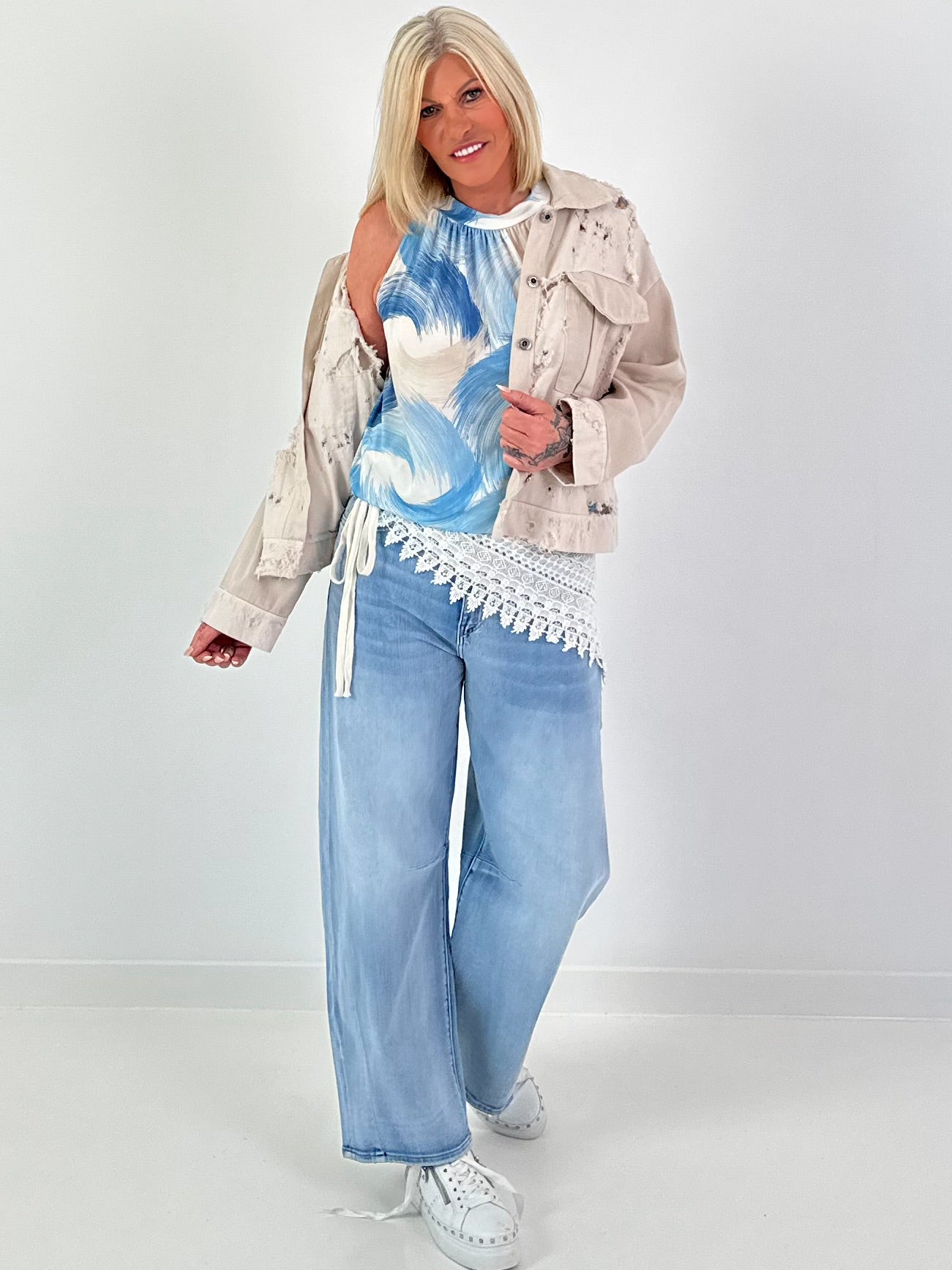 Distressed Denim Jacket - Beige