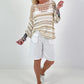 Crochet sweater with stripes and lurex - white-beige