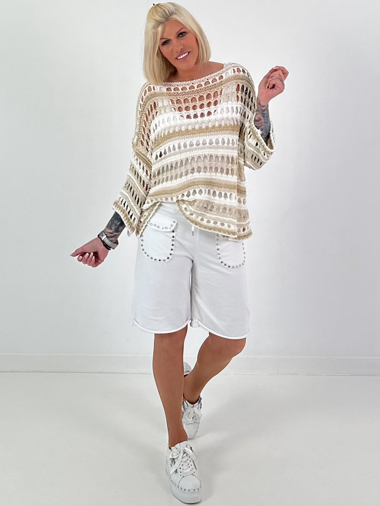 Crochet sweater with stripes and lurex - white-beige