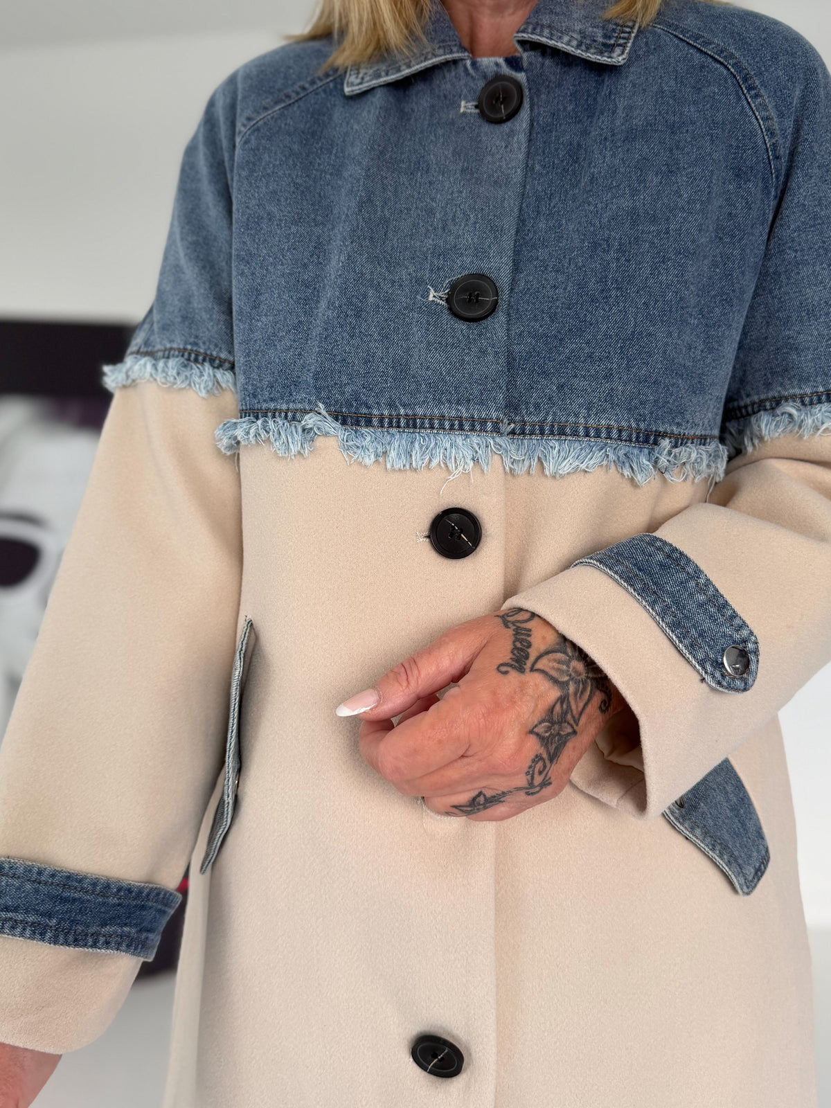 Mantel mit Denim-Einsätzen - denim-beige