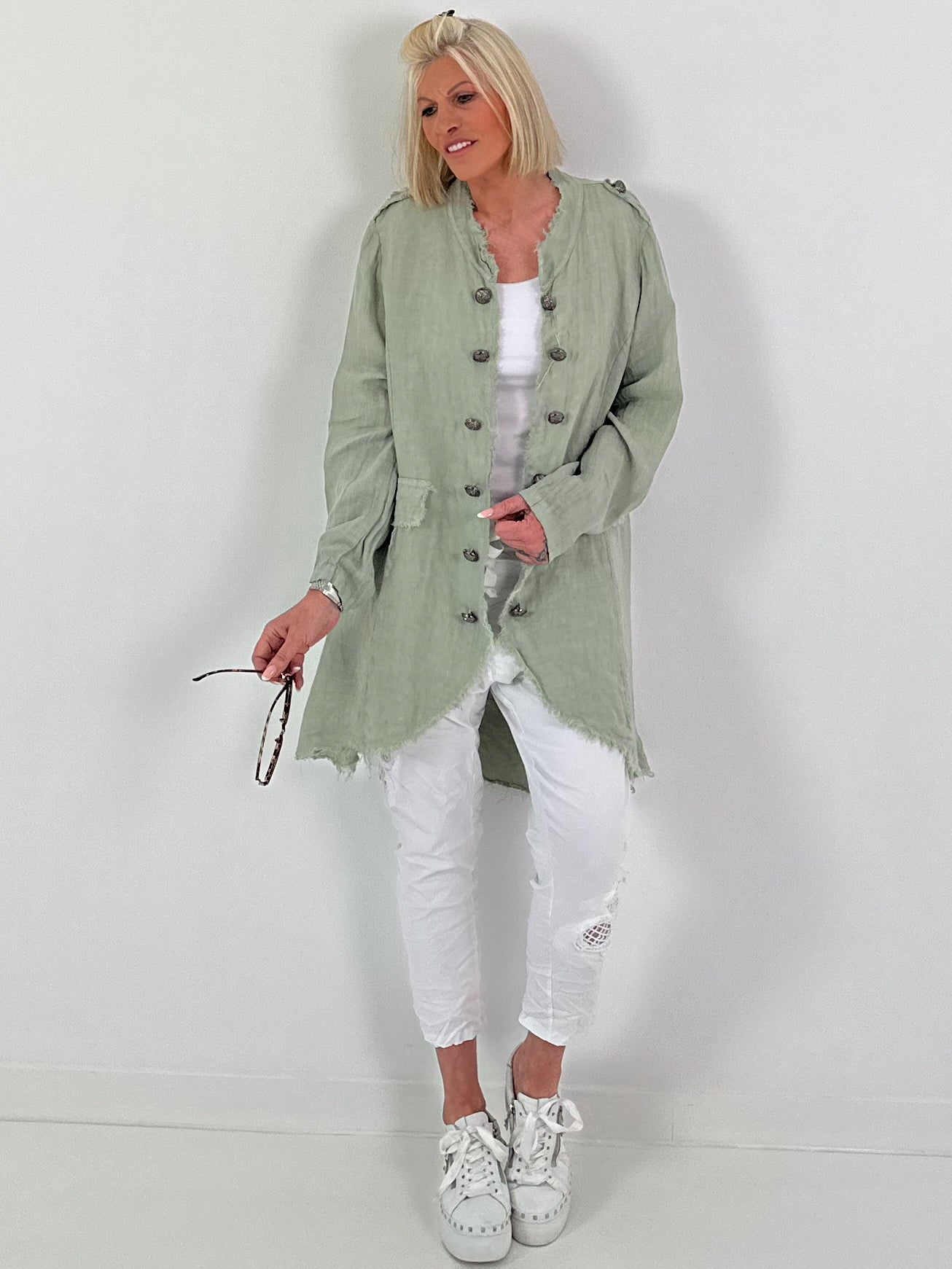 Oversized Leinen Military Blazer - khaki