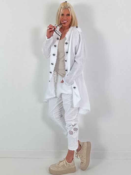 Oversized Leinen Military Blazer - weiss