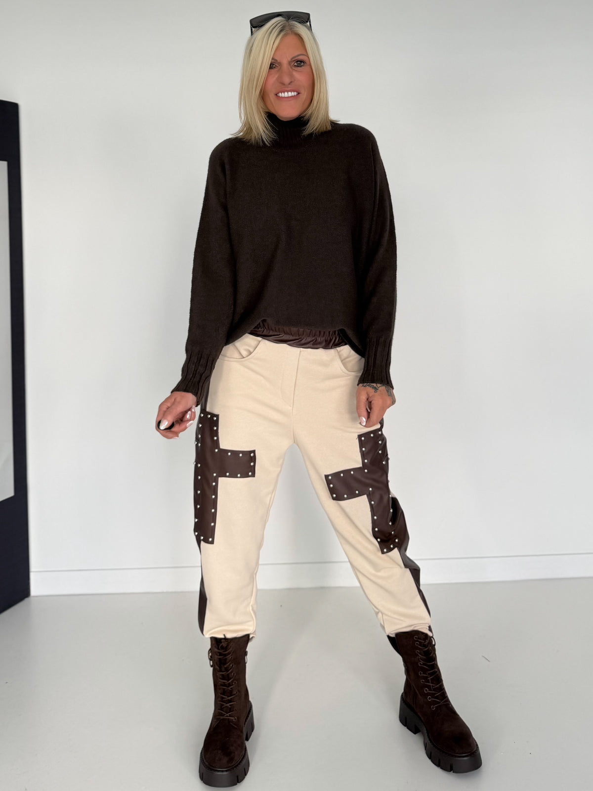 Sweathose im Materialmix - beige-mokka