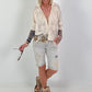 Boho blouse with short sleeves and crochet appliqués - beige