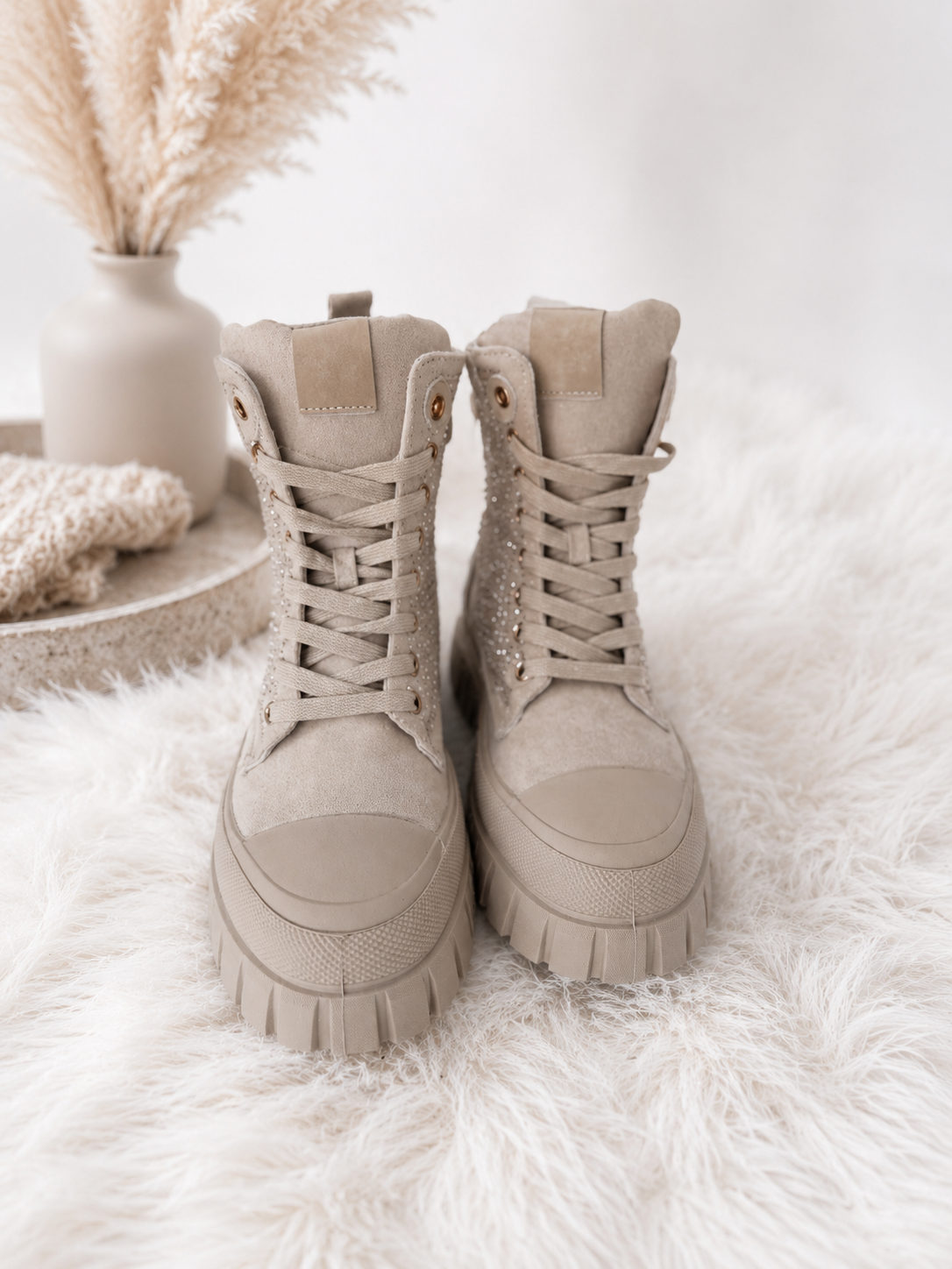 High-top sneakers in a suede look with rhinestones - beige