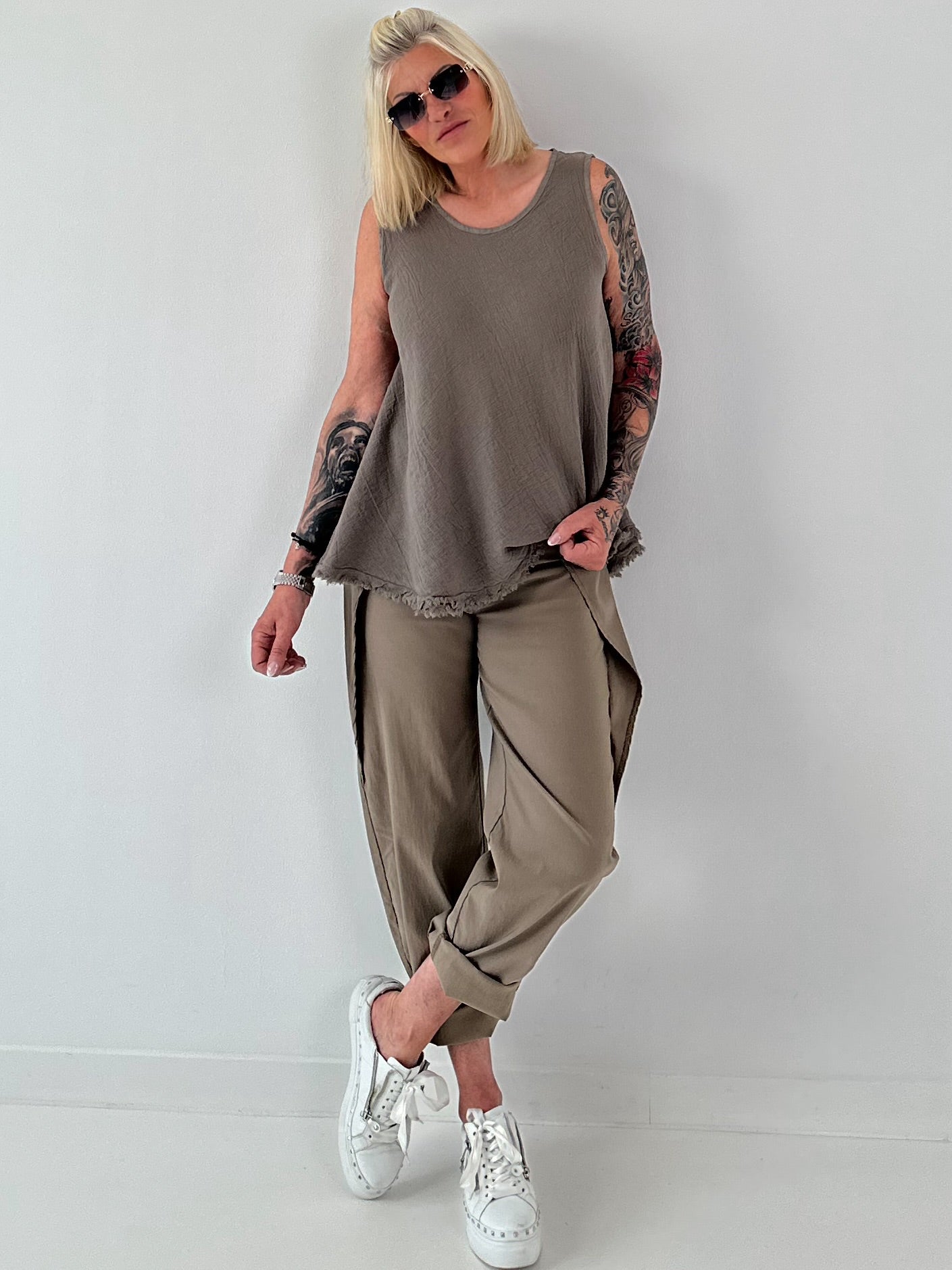 Grobes Leinen/Baumwoll Top - taupe