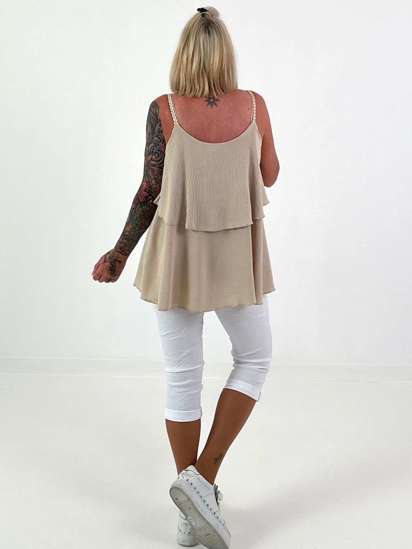 Layered Top with Braided Straps - beige