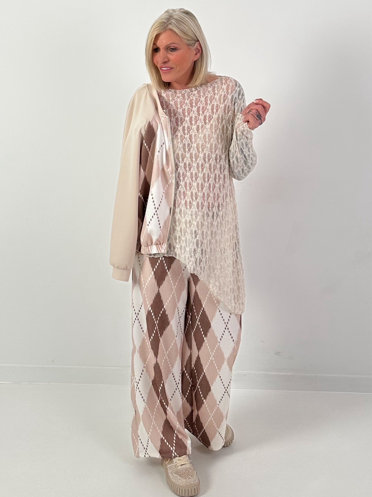 Leichte Jacke mit Rautenmuster - beige-braun-weiss