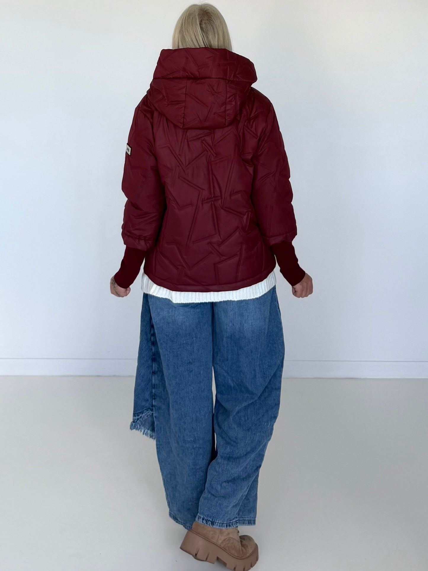Jacke mit Strickarm und Kapuze - bordeaux