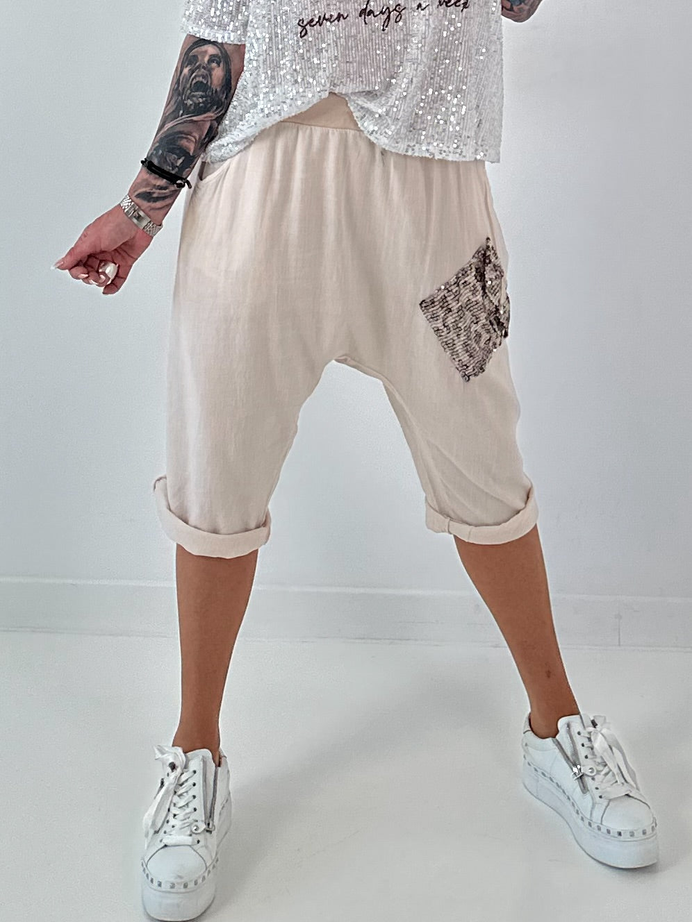 Short linen baggy dress with overlay and sequin details - khaki