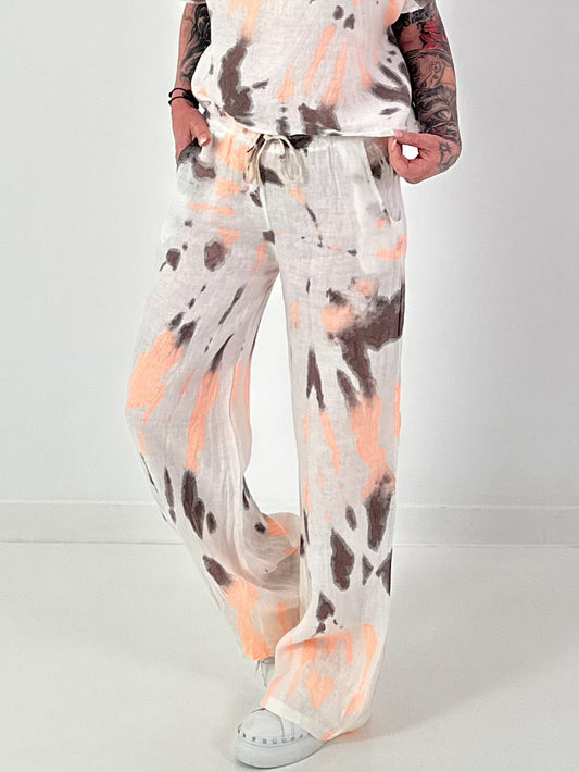 Batik Leinen Hose mit weitem Bein - weiss-neonorange-dunkelbraun