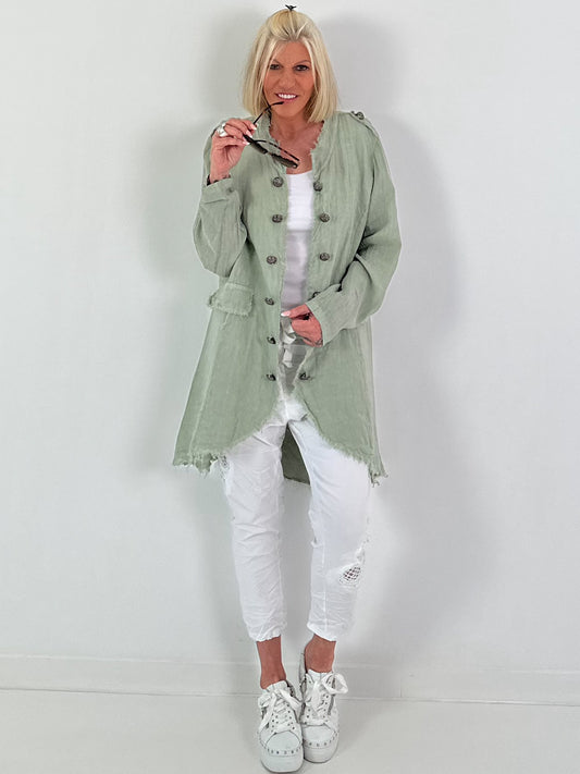 Oversized Leinen Military Blazer - khaki