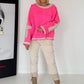 Oversized Sweater mit Strasskreuz - neonpink-beige