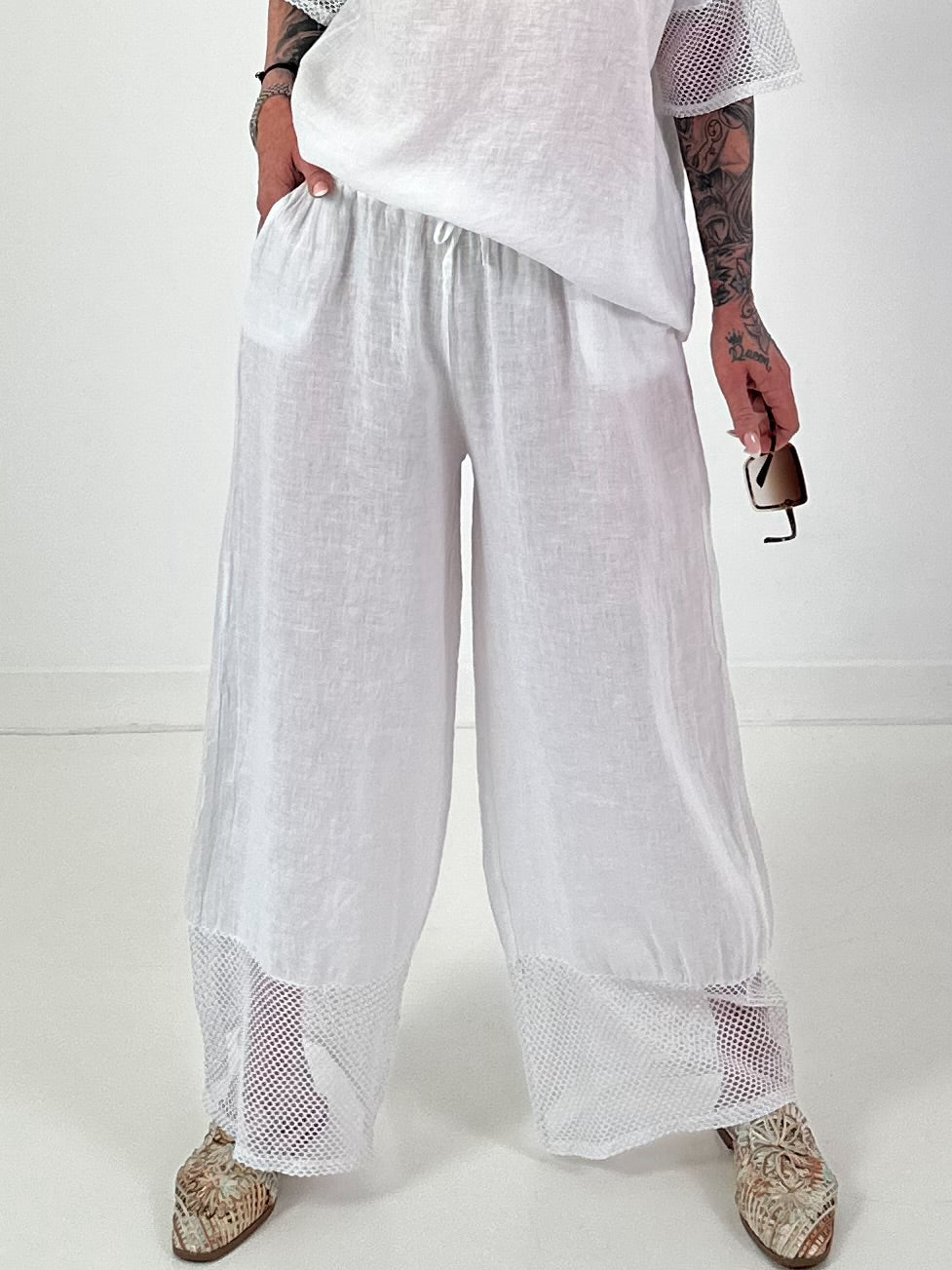Wide-leg linen trousers - white