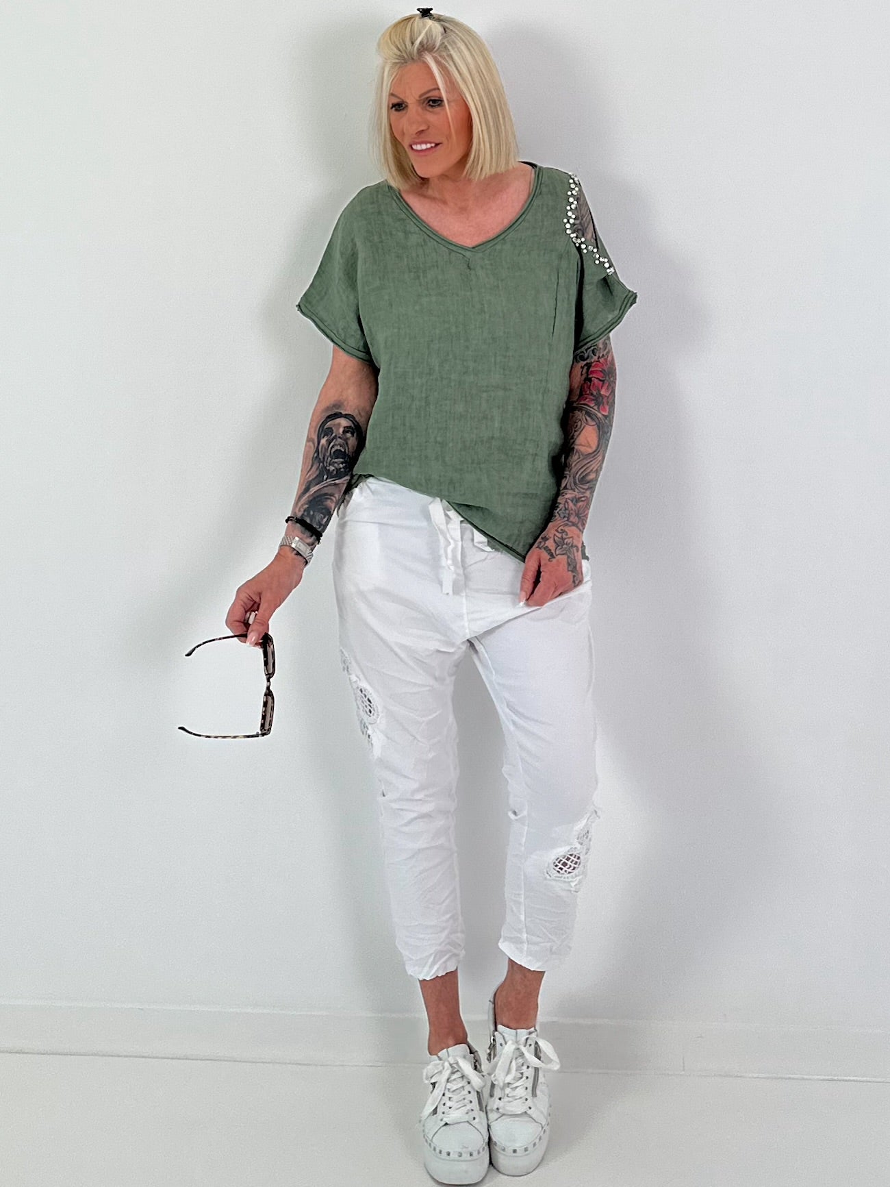 Linen Cut-Out Shirt - khaki