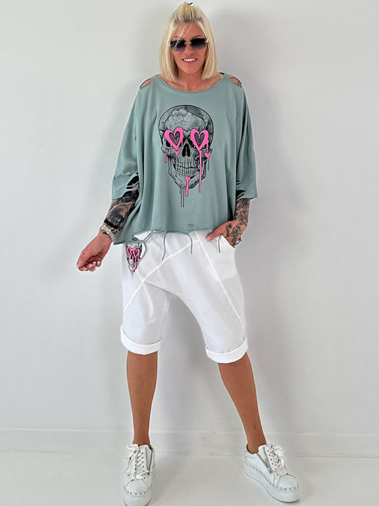 Oversized sage shirt with cut-outs and skull