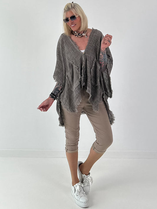 Leinen Poncho Jacke - taupe