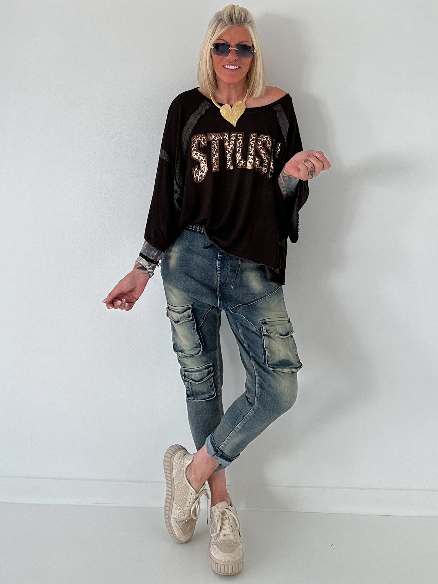 Strick Shirt mit Leo-Print - mokka