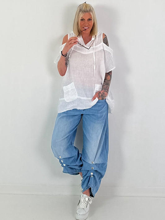 Leinenshirt mit off-Shoulder Cut-Outs - weiss
