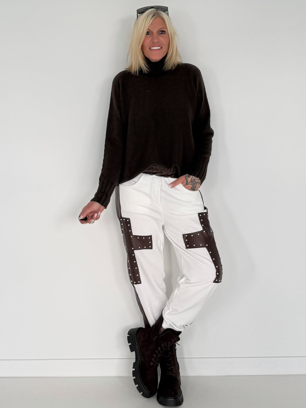 Sweathose im Materialmix - weiss-mokka
