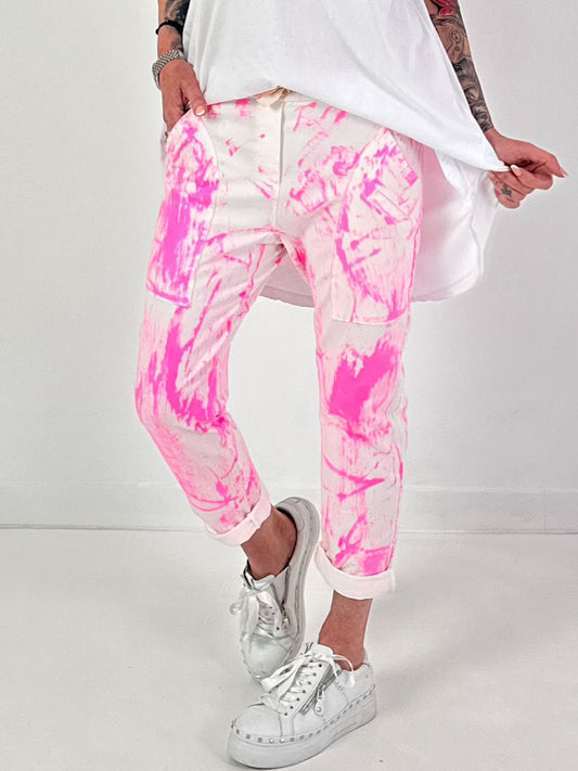 Batik-Hose mit tiefen Taschen - weiss-neonpink