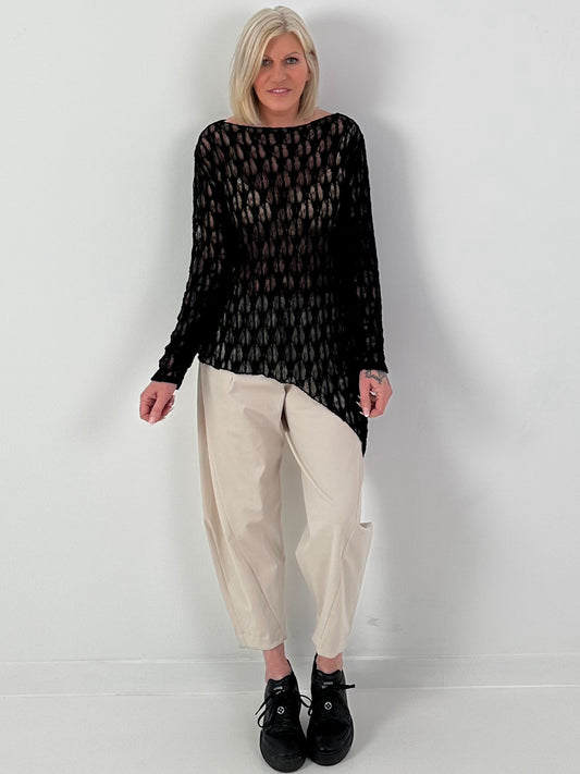 Asymmetrisches Spitzenshirt mit Muster - schwarz