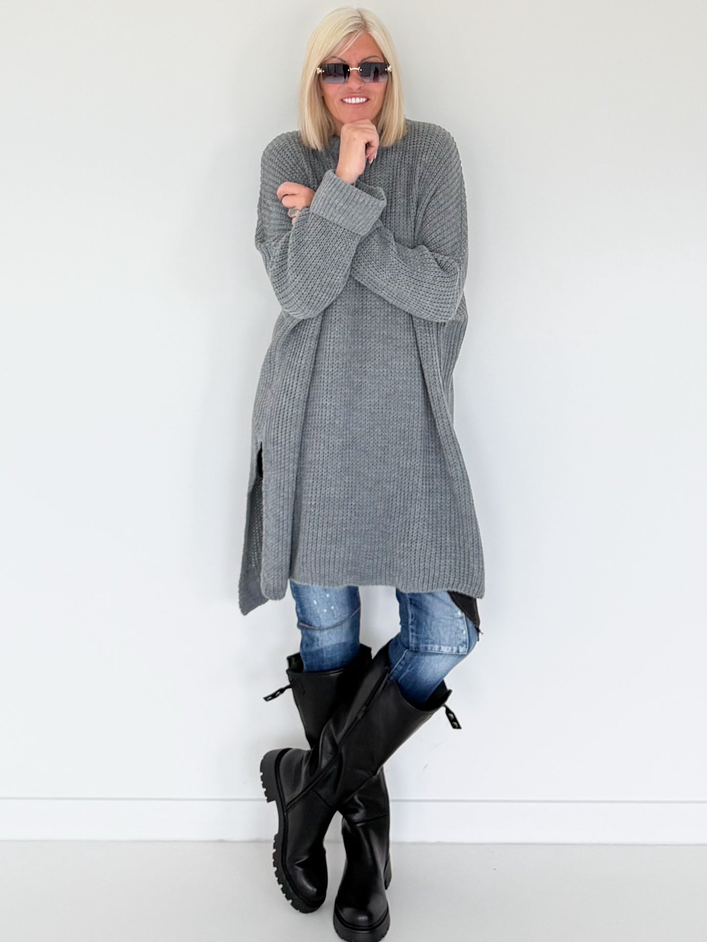 Long Strickpullover - grau