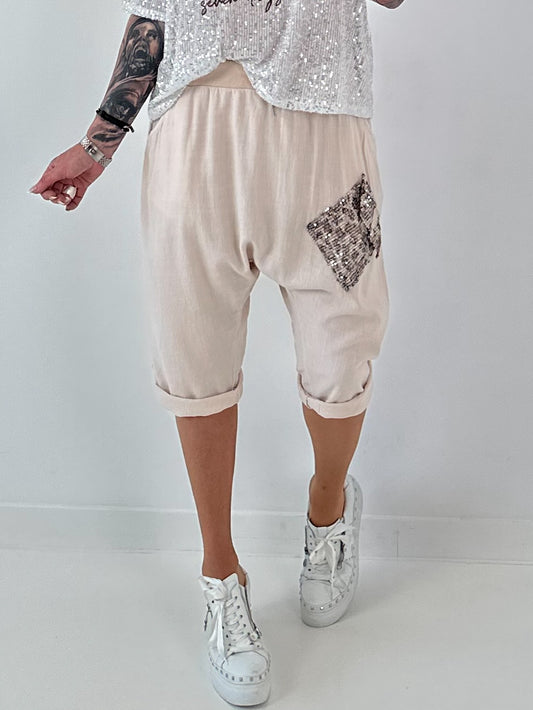 Short linen baggy dress with overlay and sequin details - khaki