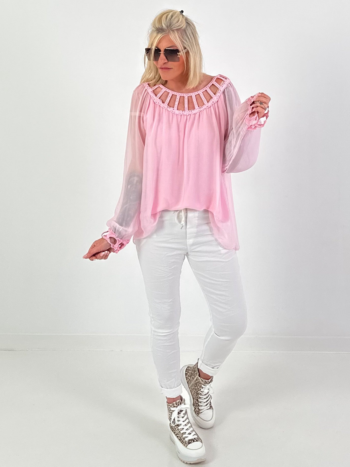 Silk Tunic with Crochet Neckline - Pink