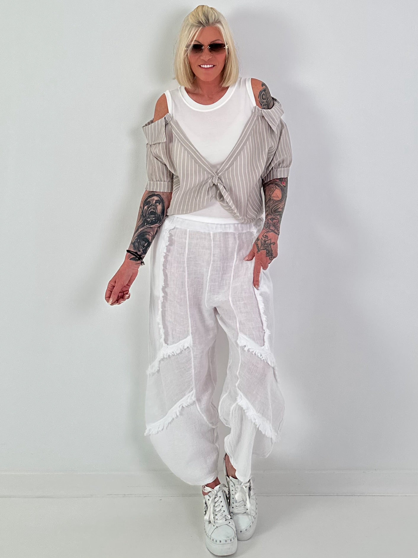 Rib Top with Blouse Layering - white-beige