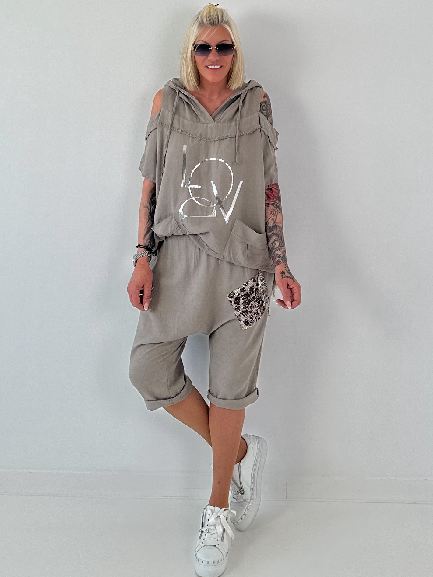 Linen Shirt with Off-Shoulder Cut-Outs Leo - beige