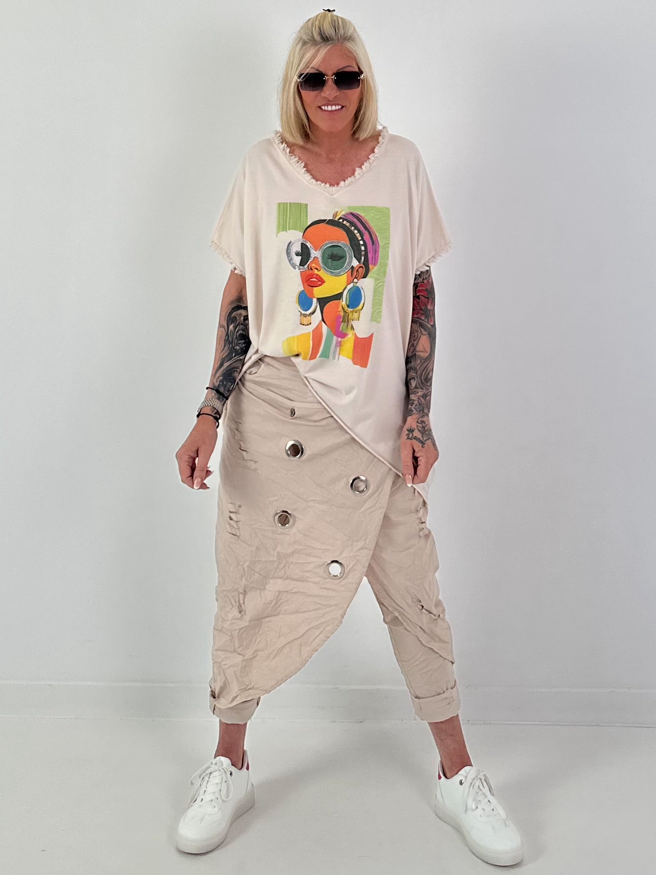 Oversized Shirt with Front Print - beige