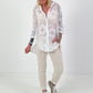 Seidenbluse mit Frottee-Applikationen - weiss