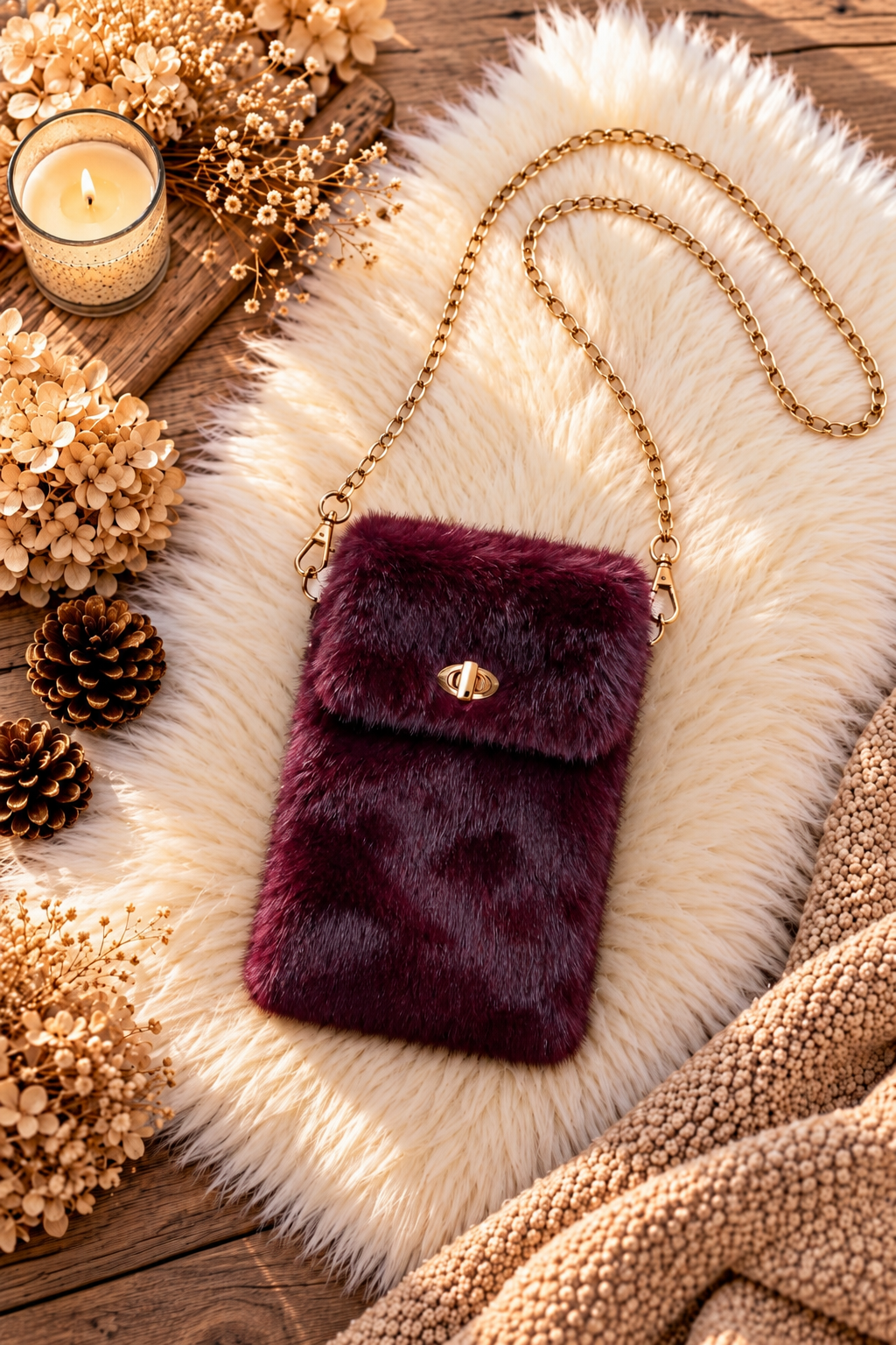 Small Fur Bag / Phone Bag with Twist Lock Closure - burgundy