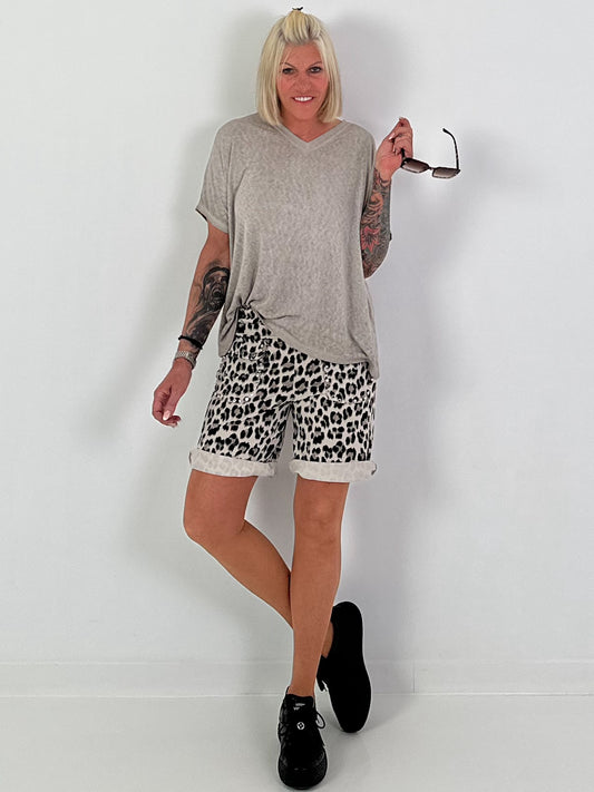 Fijngebreid T-shirt met V-hals - taupe