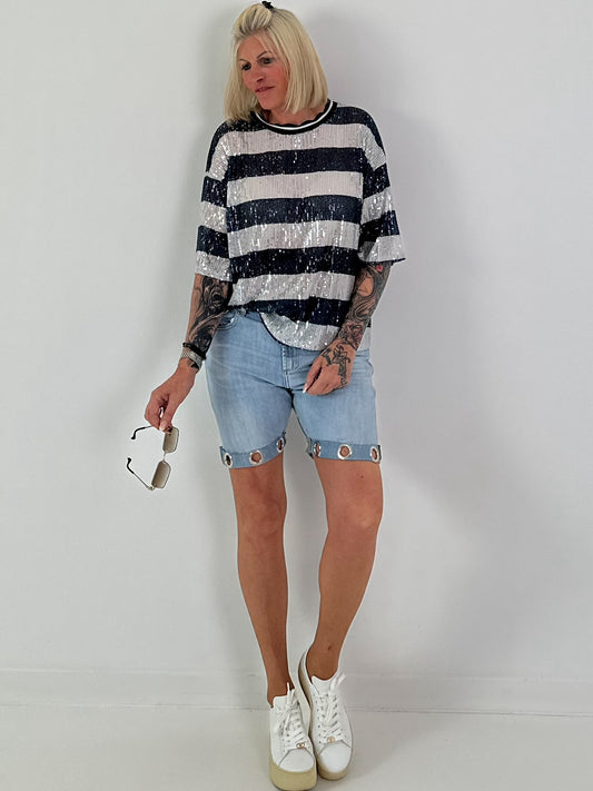 Pailletten Shirt mit Streifen - nachtblau-silber